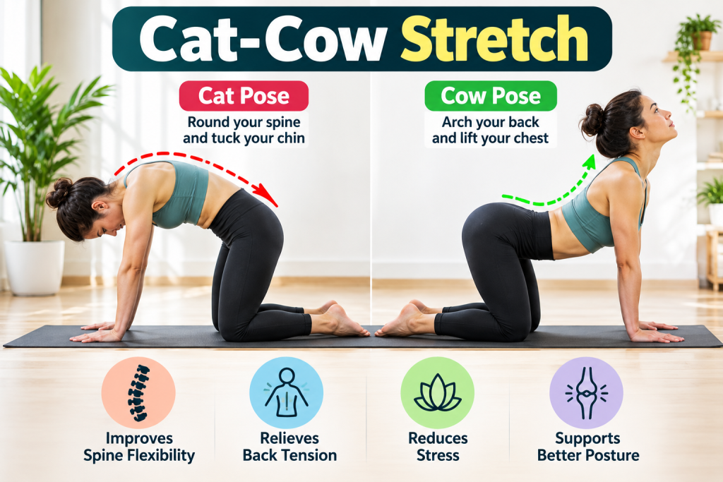 Beginner doing cat cow stretch for morning flexibility
