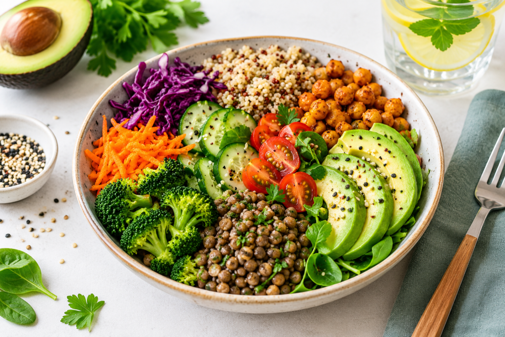 Colorful healthy vegan meal bowl with vegetables, chickpeas, lentils, quinoa, avocado, and greens