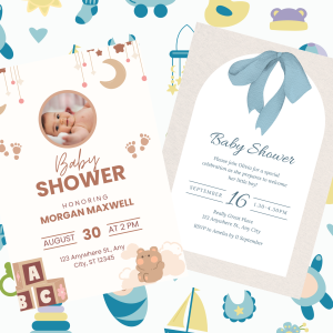 Editable Blue & Cream Baby Boy Shower Invitation Template | 5 Pages Printable Watercolor Bow Arch Design