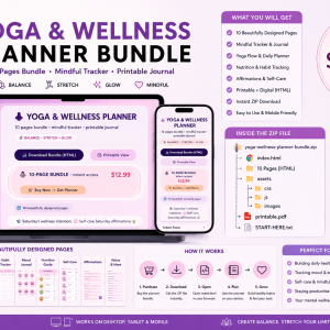 3-in-1  Yoga & Wellness Bundle – 10 Printable Pages for Stress Relief & Daily Self-Care  Yoga + Meditation + Daily Planner