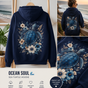Embroidered-Look Sea Turtle T-Shirt | Blue Floral Ocean & Pink Cherry Blossom Design | Nature Lover Gift Tee