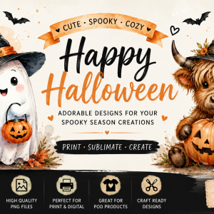 Cute Halloween Ghost & Highland Cow PNG Bundle | Watercolor Halloween Clipart | Sublimation Design | T-Shirt Mug Sticker Printable | Instant Download