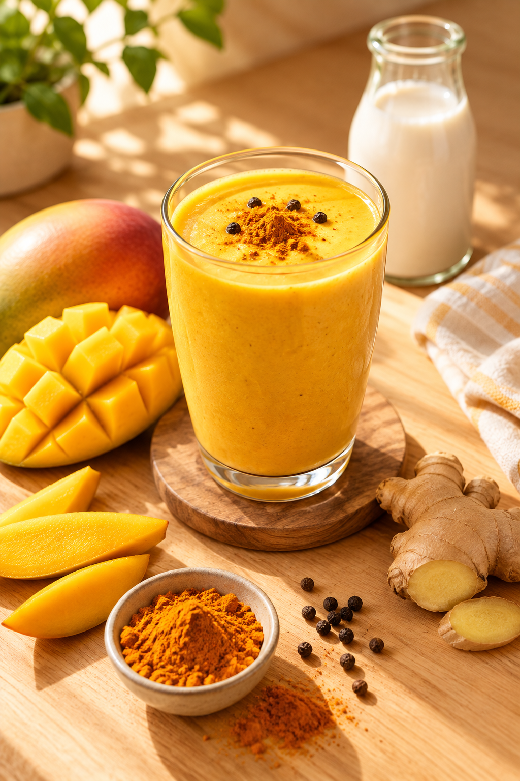 Healthy mango turmeric smoothie with ginger, plant-based milk, and black pepper