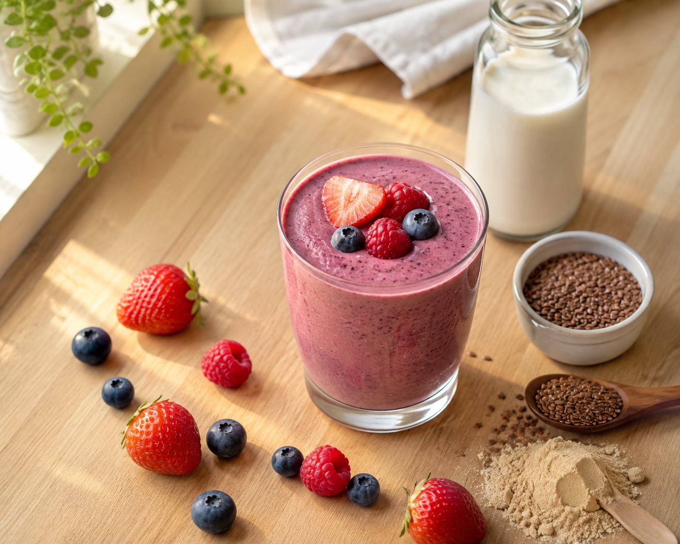 Healthy berry vegan smoothie with strawberries, blueberries, raspberries, flax seeds, and plant-based milk