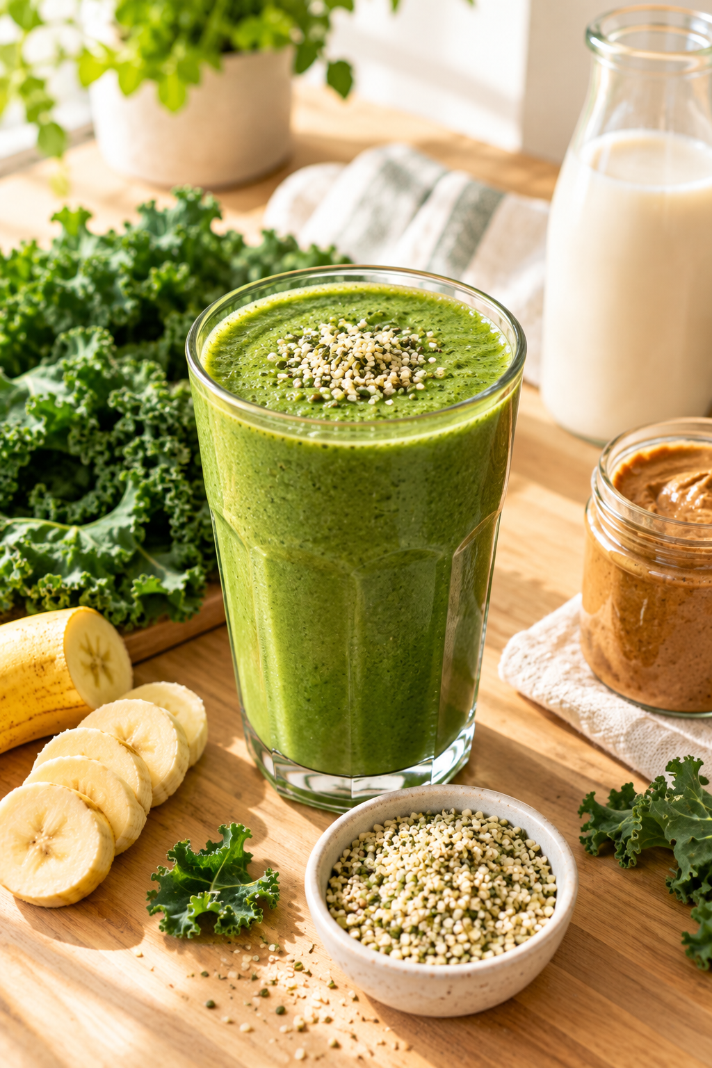 Healthy vegan green smoothie with kale, banana, hemp seeds, almond butter, and oat milk