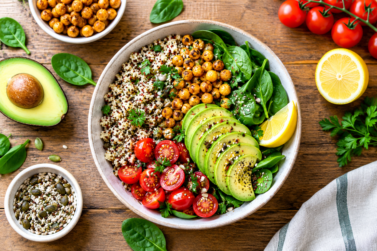 Vegan quinoa bowl with chickpeas, avocado, spinach, and tomatoes
