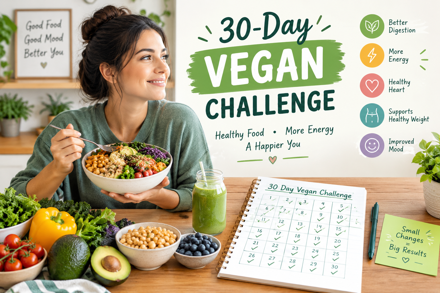 30-day vegan challenge with healthy plant-based meals, fresh vegetables, and a vegan meal plan calendar