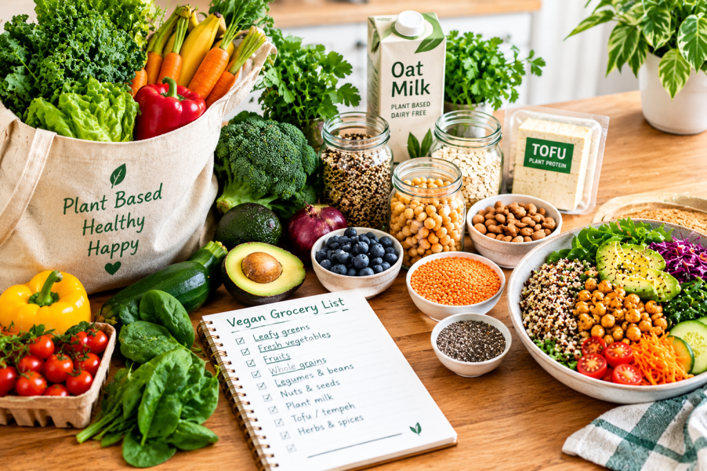 30-day vegan challenge with healthy plant-based meals, fresh vegetables, and a vegan meal plan calendar