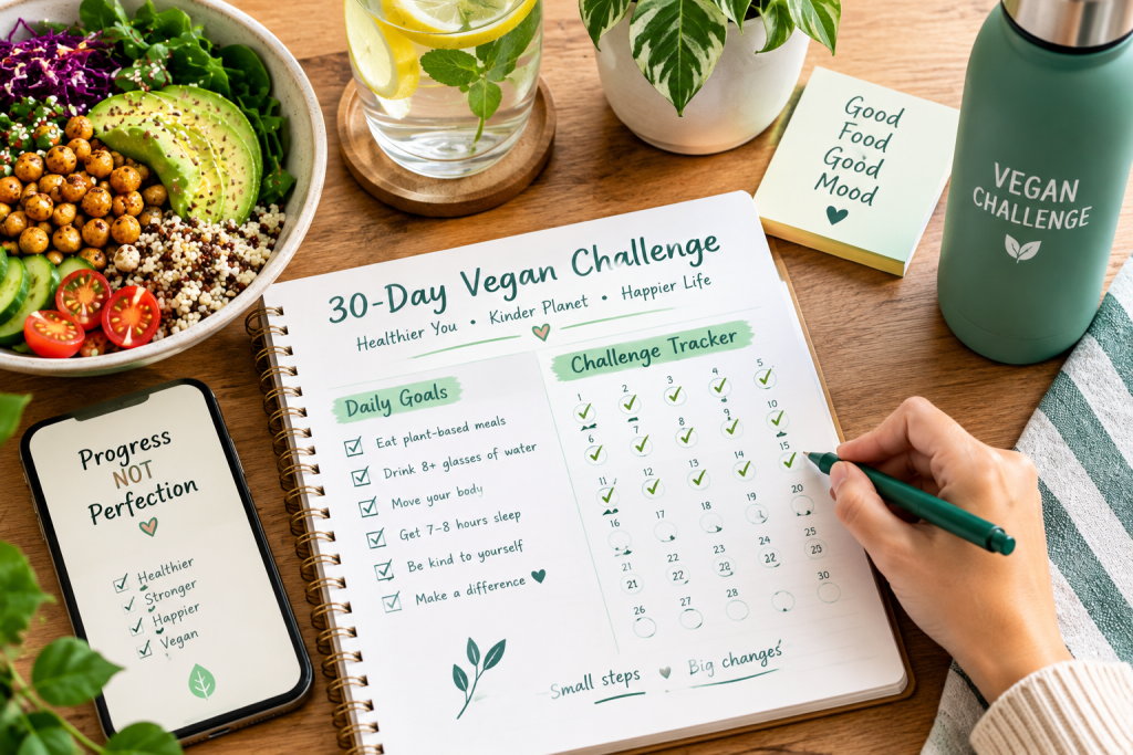 30-day vegan challenge tracker with daily goals, progress checklist, and healthy plant-based meal