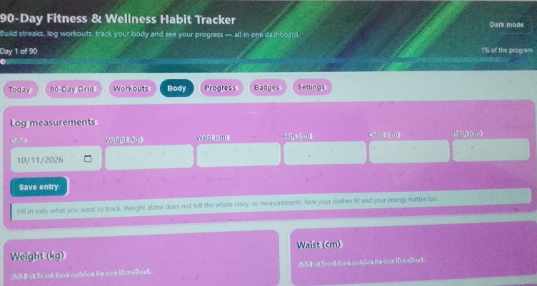 90-Day Fitness & Wellness Habit Tracker Dashboard – Interactive Workout, Habit & Body Progress Planner - Image 7