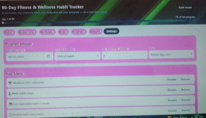 90-Day Fitness & Wellness Habit Tracker Dashboard – Interactive Workout, Habit & Body Progress Planner - Image 8