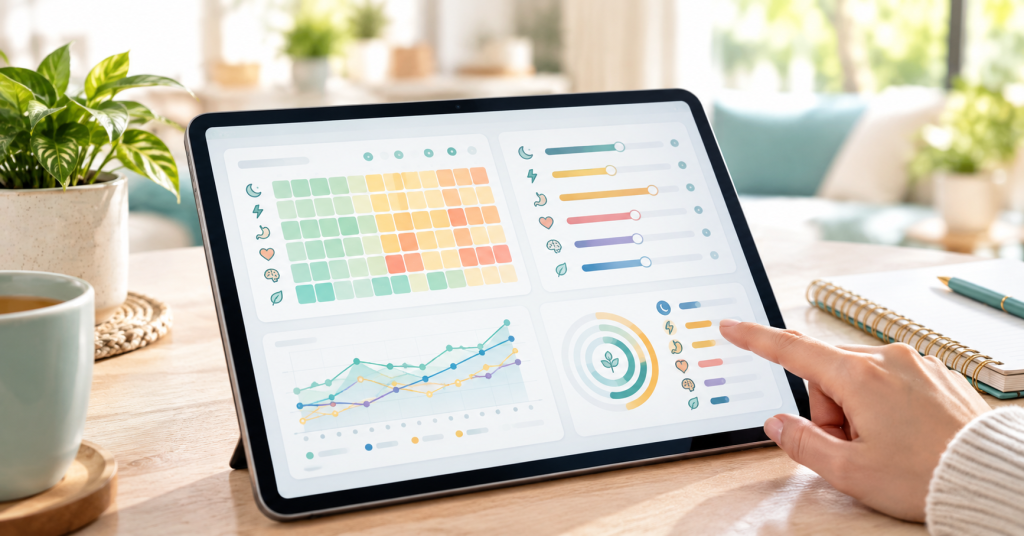 Interactive wellness tracking dashboard on a tablet showing a health symptom severity heatmap, progress charts, and daily wellness tracking sliders