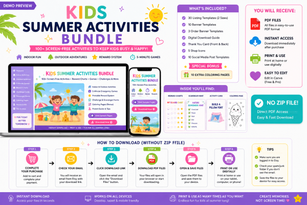 Summer kids activity printable bundle with 70+ activities for ages 3-8